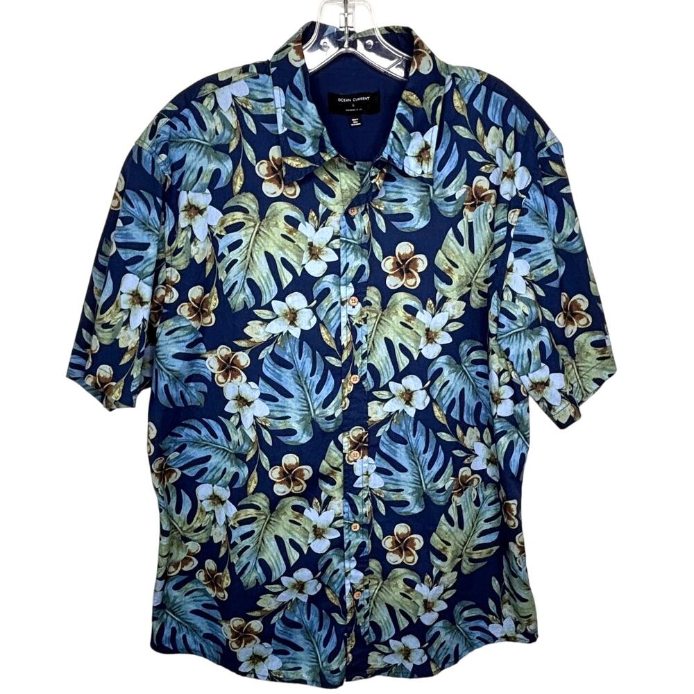 Ocean Current Mens L Blue Floral Hawaiian Button Up Shirt Vacation Resort Cruise